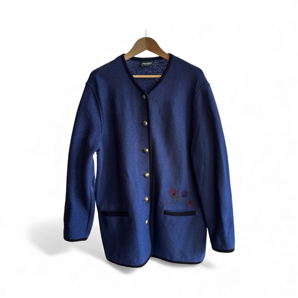 Geiger VTG Women’s Embroidered Jacket Cardigan Wool Austria Blue Lagenlook 42